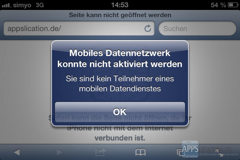 Fehlermeldung: Mobiles Datennetzwerk konnte nicht aktiviert werden - Sie sind kein Teilnehmer eines mobilen Datendienstes
