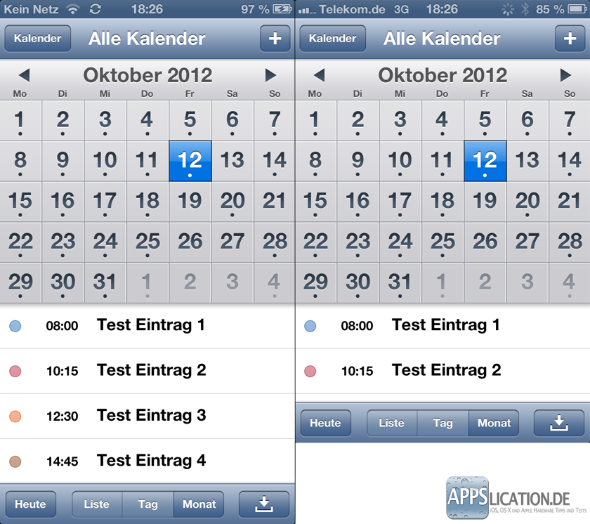Vergleich der Displaygröße des iPhone Kalenders