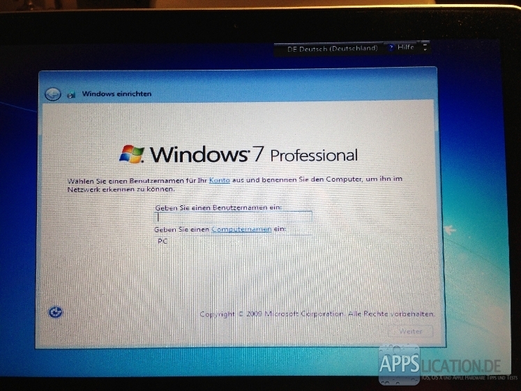 Installation von Windows 7 mit Boot Camp