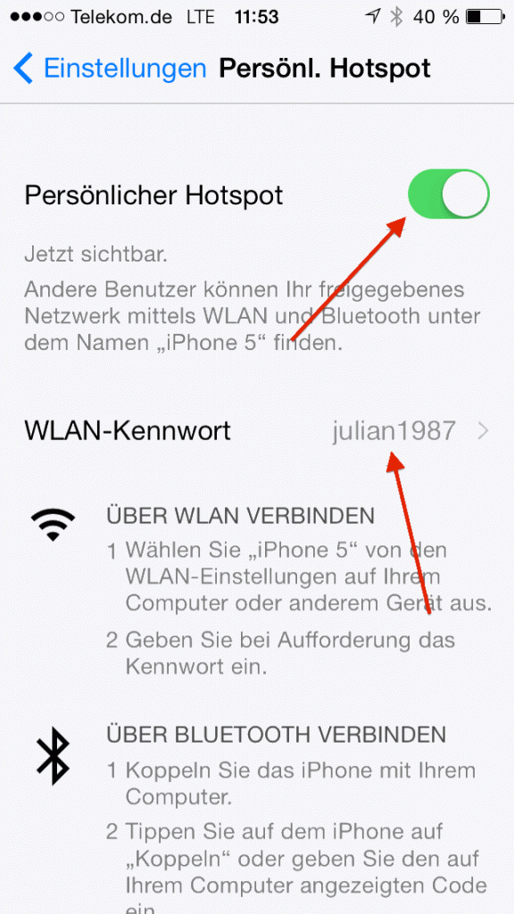 Der Hotspot funktioniert über USB, Bluetooth oder WLAN. Bei WLAN muss ein sicheres Passwort festgelegt werden. Nur bei WLAN kann der Hotspot mit mehreren Geräten genutzt werden.