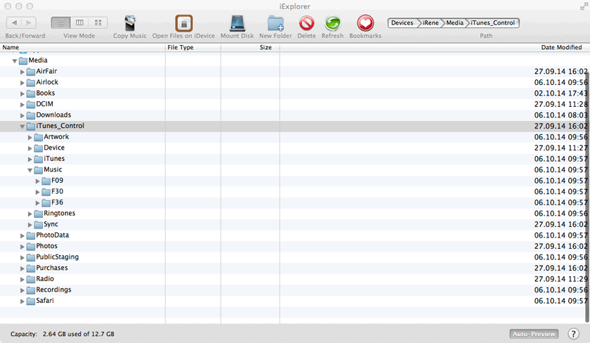 Im "iExplorer" wird das Dateisystem des Geräts angezeigt. Zum entfernen der nicht benötigten Musikkopien navigiert zu: Media/iTunes_Control/Music
