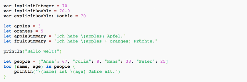 Programmiersprache Swift: Code Beispiel (Quelle: Wikipedia)